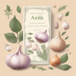 A detailed illustration featuring garlic, Aidan fruit, sea salt, and various herbs, arranged artistically