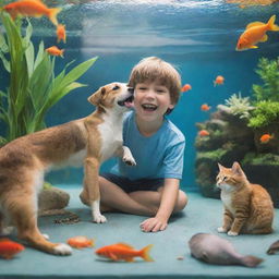 A young boy joyfully surrounded by his pets - a playful dog, a calm cat, and a fish tank teeming with vibrant aquatic life.