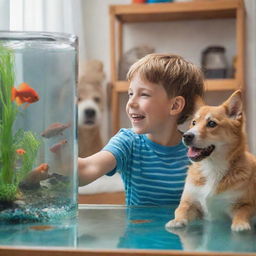 A young boy joyfully surrounded by his pets - a playful dog, a calm cat, and a fish tank teeming with vibrant aquatic life.