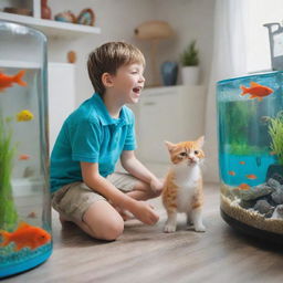 A young boy joyfully surrounded by his pets - a playful dog, a calm cat, and a fish tank teeming with vibrant aquatic life.