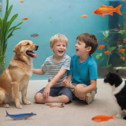 A young boy joyfully surrounded by his pets - a playful dog, a calm cat, and a fish tank teeming with vibrant aquatic life.