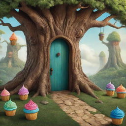 Illustrate the world behind the hidden door, where walking trees and flying cupcakes exist. Capture a whimsical, adventurous landscape filled with fun and mystery.