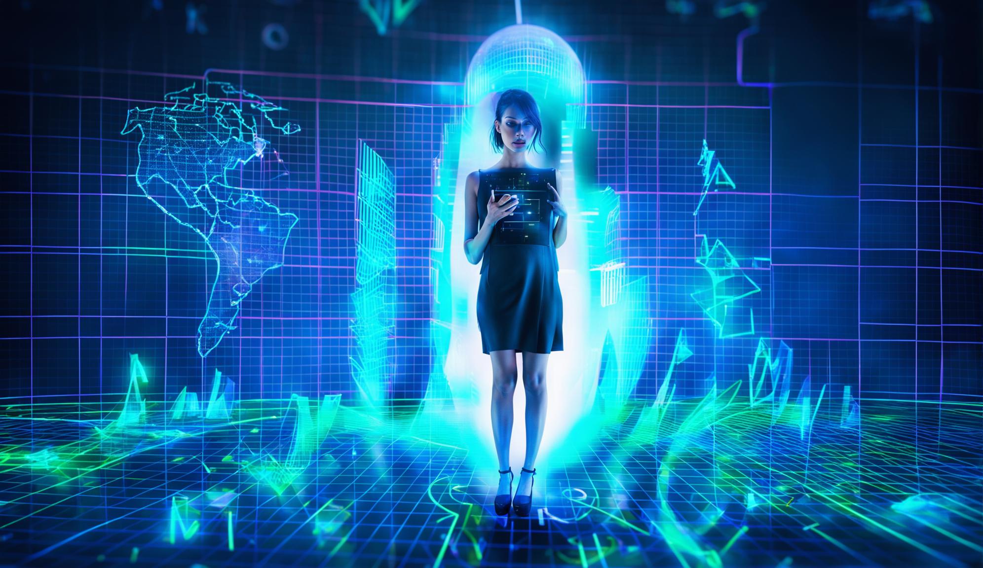 A woman in an AI-generated world accesses an AI dictionary