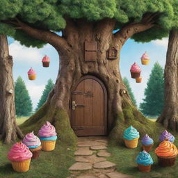 Illustrate the world behind the hidden door, where walking trees and flying cupcakes exist. Capture a whimsical, adventurous landscape filled with fun and mystery.