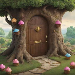 Illustrate the world behind the hidden door, where walking trees and flying cupcakes exist. Capture a whimsical, adventurous landscape filled with fun and mystery.