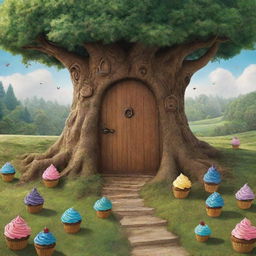 Illustrate the world behind the hidden door, where walking trees and flying cupcakes exist. Capture a whimsical, adventurous landscape filled with fun and mystery.