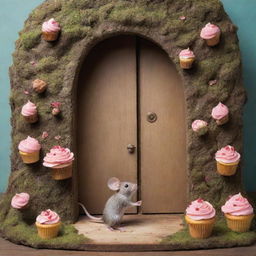 Depict a scene of a small mouse stepping into a whimsical world behind a hidden door. This world is filled with walking trees and flying cupcakes, promising daily adventures.