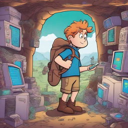 A whimsical and adventurous scene featuring Lucas in the land of sysadmins