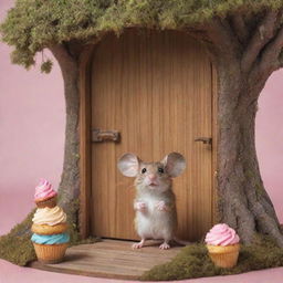 Depict a scene of a small mouse stepping into a whimsical world behind a hidden door. This world is filled with walking trees and flying cupcakes, promising daily adventures.