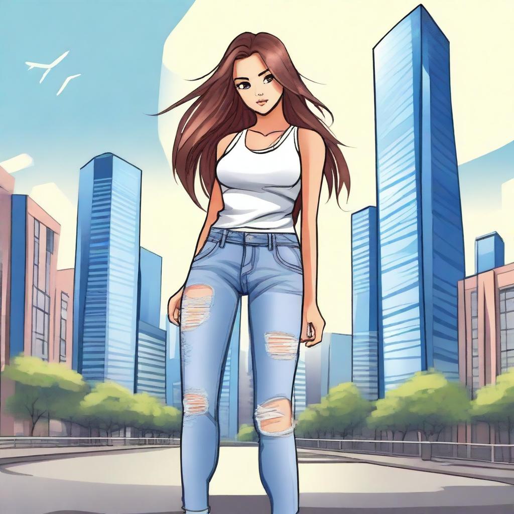 A young girl wearing ripped jeans, standing casually with a confident expression