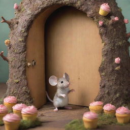 Depict a scene of a small mouse stepping into a whimsical world behind a hidden door. This world is filled with walking trees and flying cupcakes, promising daily adventures.