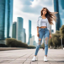 A young girl wearing ripped jeans, standing casually with a confident expression