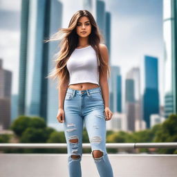 A young girl wearing ripped jeans, standing casually with a confident expression