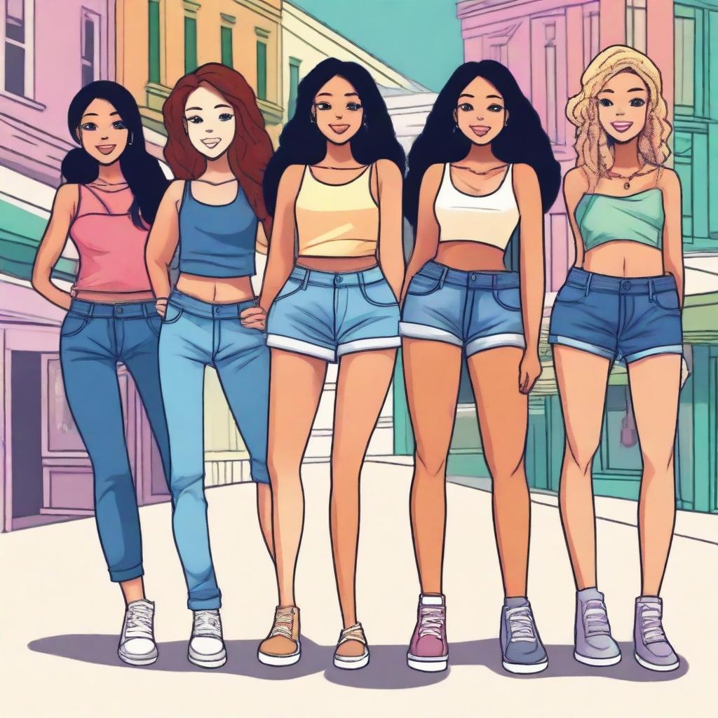 A group of girls standing in a line, each showing off their hips confidently