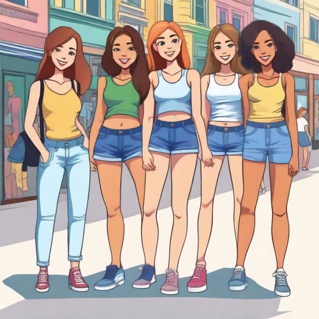 A group of girls standing in a line, each showing off their hips confidently