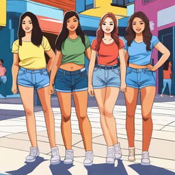 A group of girls standing in a line, each showing off their hips confidently