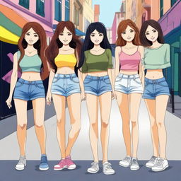 A group of girls standing in a line, each showing off their hips confidently