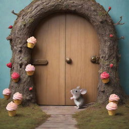 Depict a scene of a small mouse stepping into a whimsical world behind a hidden door. This world is filled with walking trees and flying cupcakes, promising daily adventures.