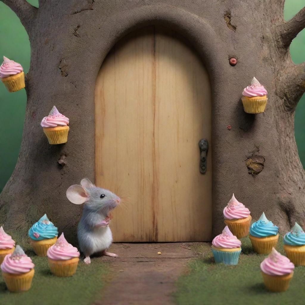 Show a scene where behind a mystical door, a mouse discovers a unique world populated by walking trees and flying cupcakes, exhibiting an aura of anticipation for daily adventures.