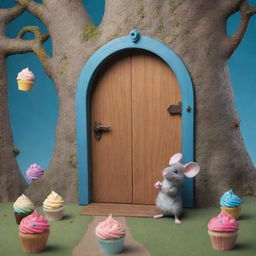 Show a scene where behind a mystical door, a mouse discovers a unique world populated by walking trees and flying cupcakes, exhibiting an aura of anticipation for daily adventures.