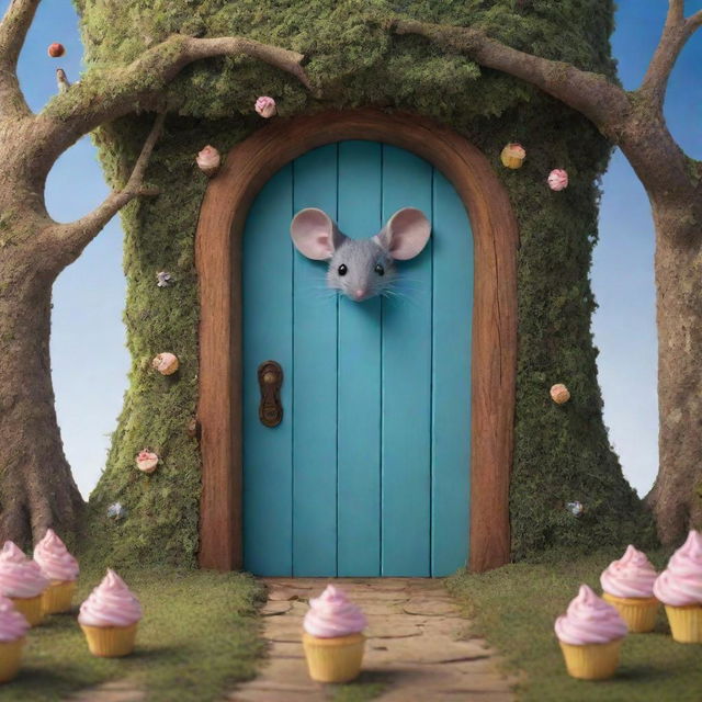 Show a scene where behind a mystical door, a mouse discovers a unique world populated by walking trees and flying cupcakes, exhibiting an aura of anticipation for daily adventures.