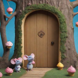 Show a scene where behind a mystical door, a mouse discovers a unique world populated by walking trees and flying cupcakes, exhibiting an aura of anticipation for daily adventures.