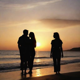 A loving couple enjoying a beautiful sunset at the beach, their silhouettes emphasizing their shared moment.