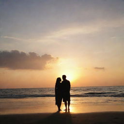 A loving couple enjoying a beautiful sunset at the beach, their silhouettes emphasizing their shared moment.