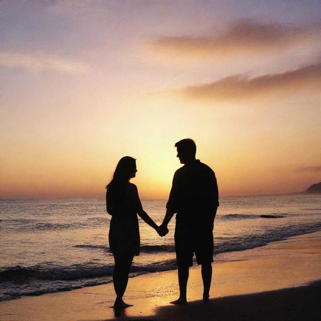 A loving couple enjoying a beautiful sunset at the beach, their silhouettes emphasizing their shared moment.