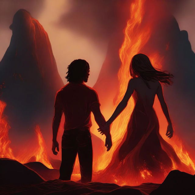 A young man is sinking into lava but he holds a girl's hand to prevent himself from sinking completely