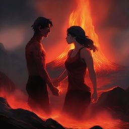 A young man is sinking into lava but he holds a girl's hand to prevent himself from sinking completely