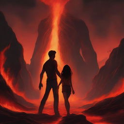 A young man is sinking into lava but he holds a girl's hand to prevent himself from sinking completely