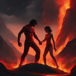 A young man is sinking into lava but he holds a girl's hand to prevent himself from sinking completely