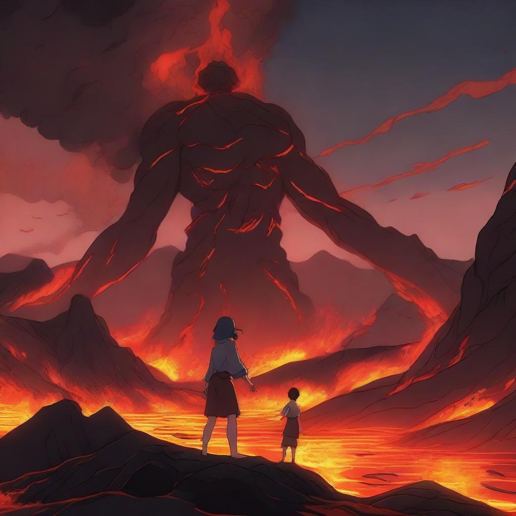 An anime-style scene where a young man is sinking into lava but holds a girl's hand to prevent himself from sinking completely