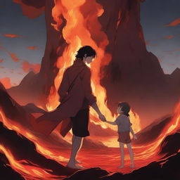 An anime-style scene where a young man is sinking into lava but holds a girl's hand to prevent himself from sinking completely