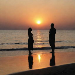 A loving couple enjoying a beautiful sunset at the beach, their silhouettes emphasizing their shared moment.