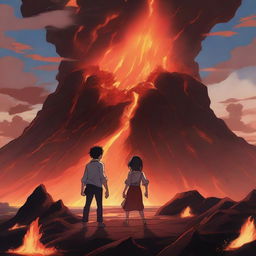 An anime-style scene where a young man is sinking into lava but holds a girl's hand to prevent himself from sinking completely