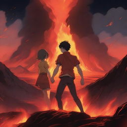 An anime-style scene where a young man is sinking into lava but holds a girl's hand to prevent himself from sinking completely