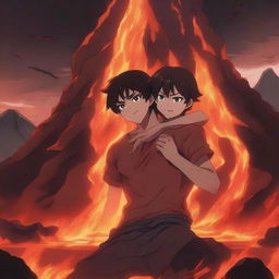 An anime-style scene where a young man is sinking into lava but holds a girl's hand to prevent himself from sinking completely