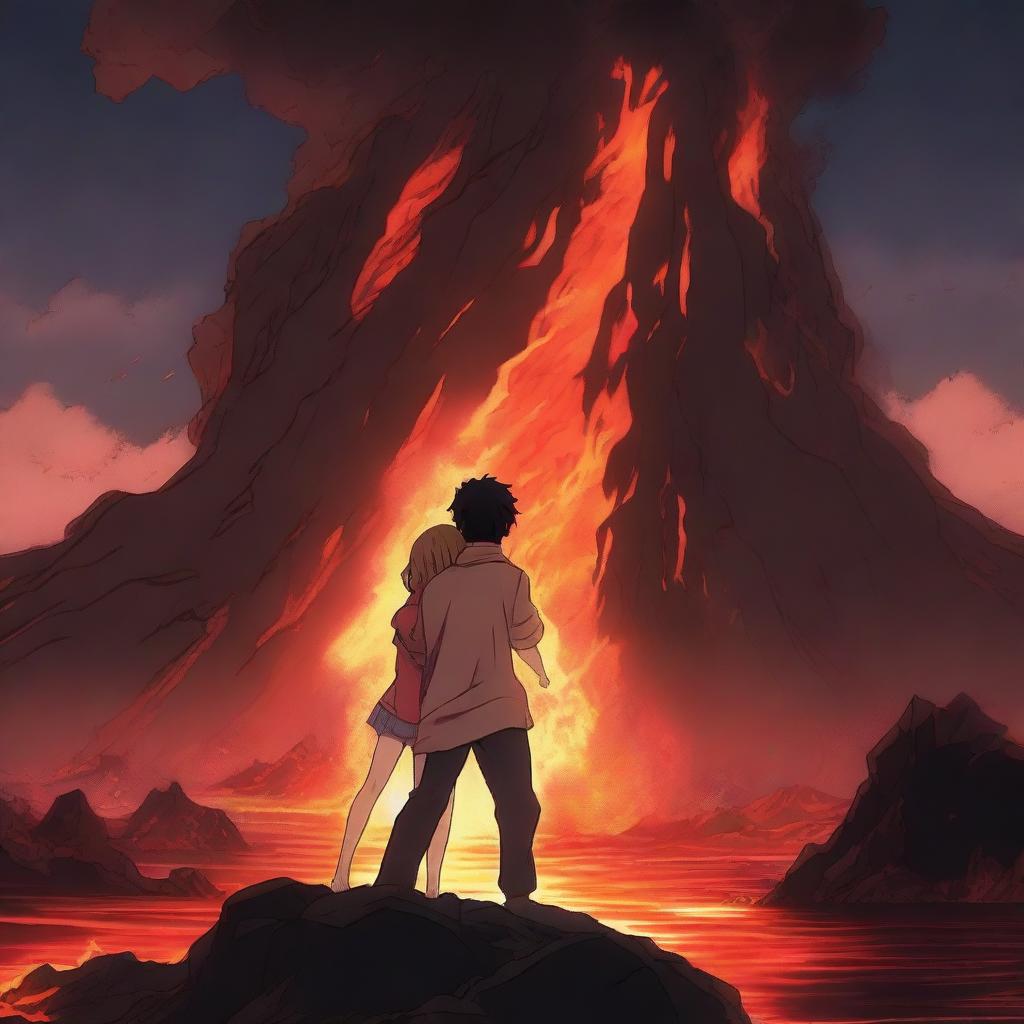 An anime-style scene where a young man is sinking into lava but holds a girl's hand to prevent himself from sinking completely