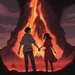 An anime-style scene where a young man is sinking into lava but holds a girl's hand to prevent himself from sinking completely