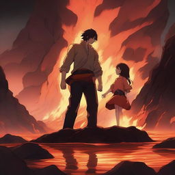 An anime-style scene where a young man is sinking into lava but holds a girl's hand to prevent himself from sinking completely