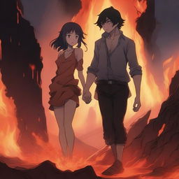 An anime-style scene where a young man is half-submerged in lava but holds a girl's hand to prevent himself from sinking completely