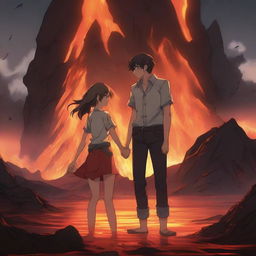 An anime-style scene where a young man is half-submerged in lava but holds a girl's hand to prevent himself from sinking completely