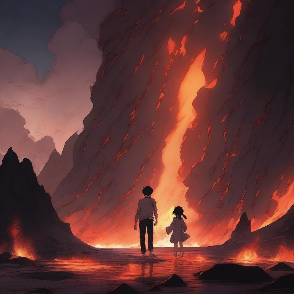 An anime-style scene where a young man is half-submerged in lava but holds a girl's hand to prevent himself from sinking completely