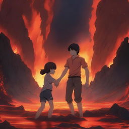 An anime-style scene where a young man is half-submerged in lava but holds a girl's hand to prevent himself from sinking completely