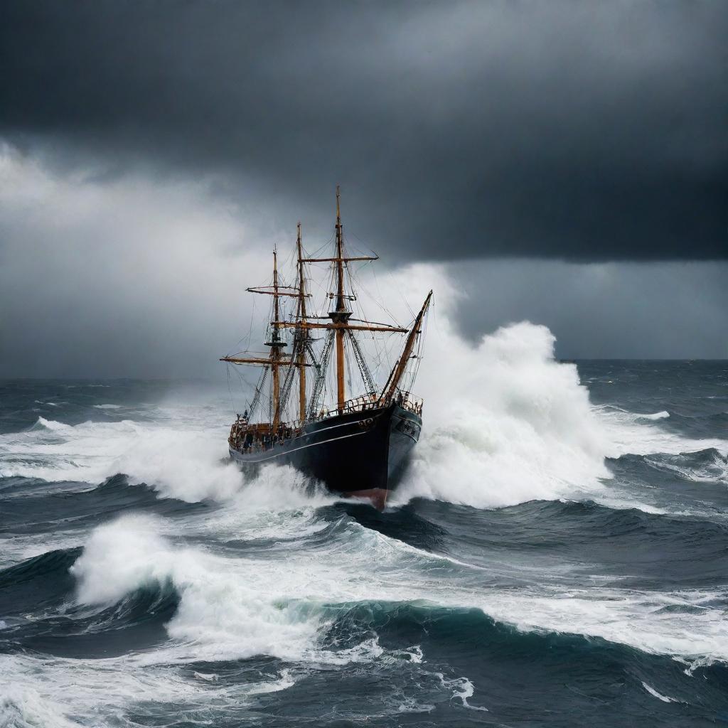 A robust seafaring boat fiercely navigating through a tumultuous storm, with powerful waves crashing against the sides and dark, ominous clouds looming overhead.