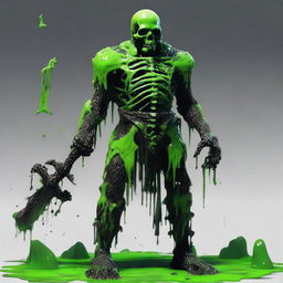 A fierce skeleton barbarian stands tall, his bony frame covered in a glistening, slime-like suit that coats his entire body