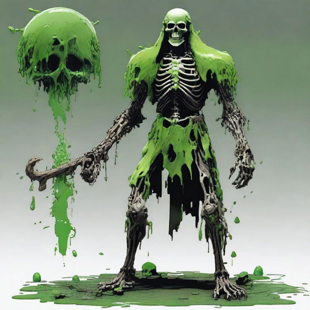 A fierce skeleton barbarian stands tall, his bony frame covered in a glistening, slime-like suit that coats his entire body