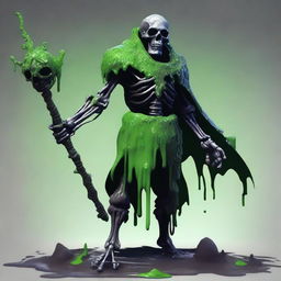 A fierce skeleton barbarian stands tall, his bony frame covered in a glistening, slime-like suit that coats his entire body